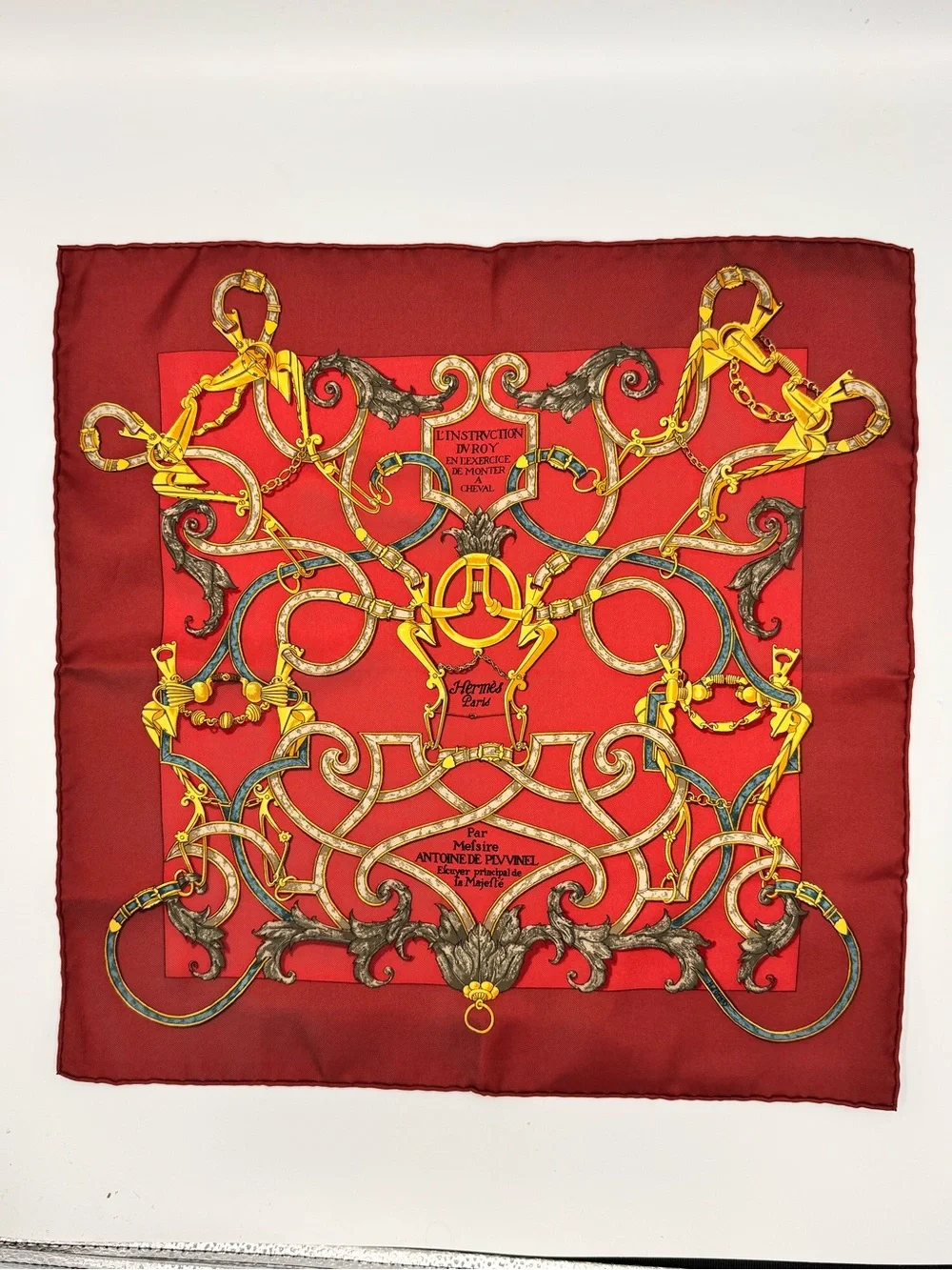 Authentic Hermès Mefsire Antoine de Plvvinel Carré 90 Silk Scarf Red Equestrian